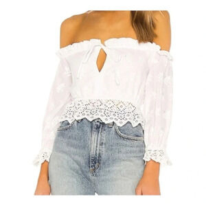 REVOLVE MAJORELLE Laurel‎ Off Shoulder Eyelet Puff Sleeve Cropped Blouse Small